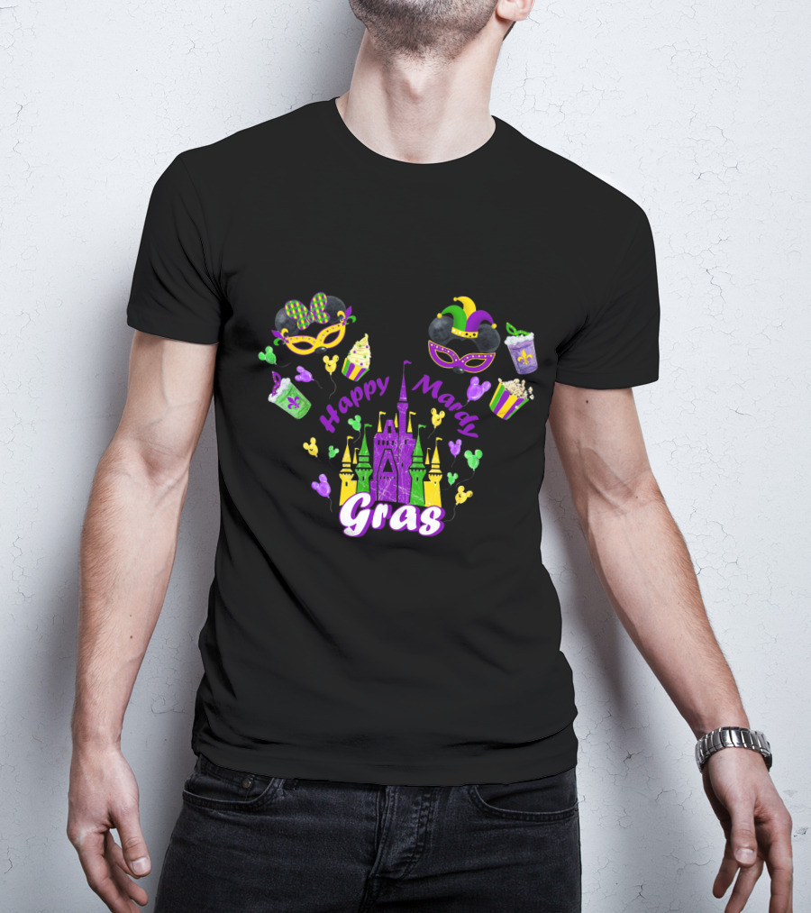 Happy Mardi Gras Castle Celebration With Mask And Snack Icons T-Shirt
