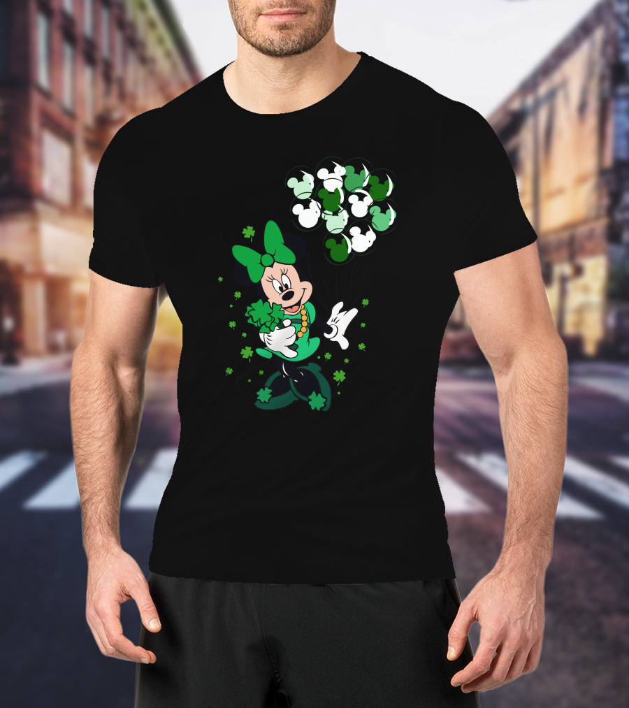 Minnie Mouse St. Patrick's Day With Shamrocks And Green Balloons T-Shirt