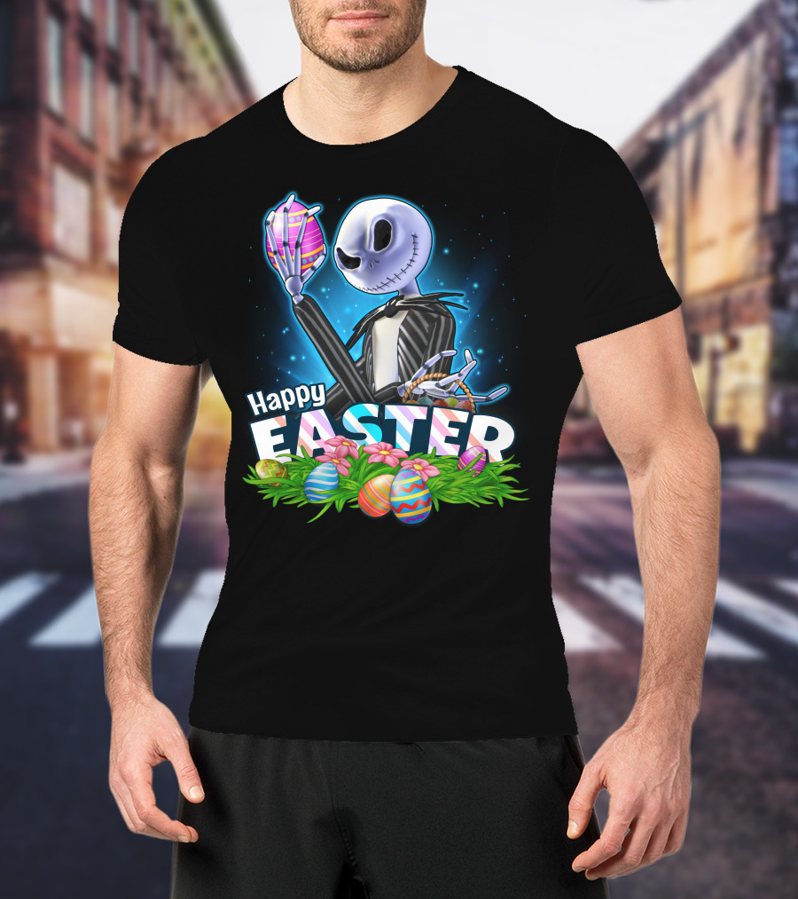 JACK SKELLINGTON Happy Easter With Colorful Eggs And Flowers T-Shirt