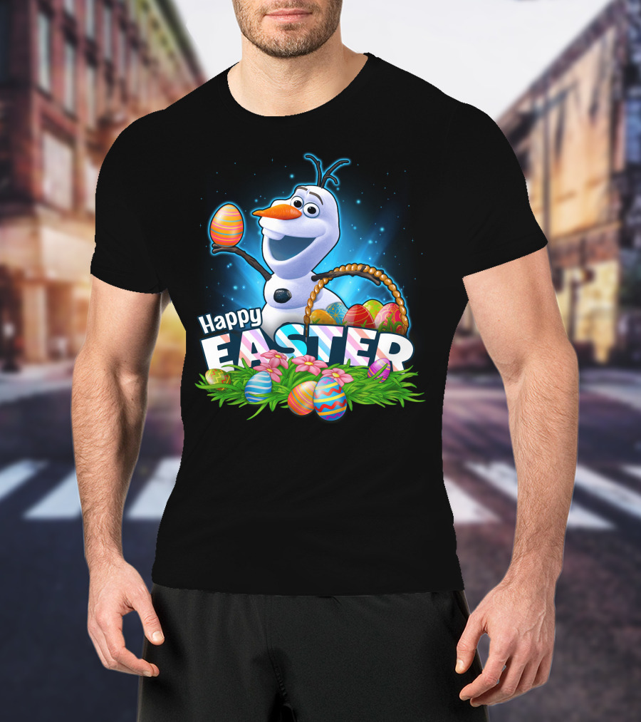 Happy Easter Olaf With Colorful Eggs And Basket T-Shirt