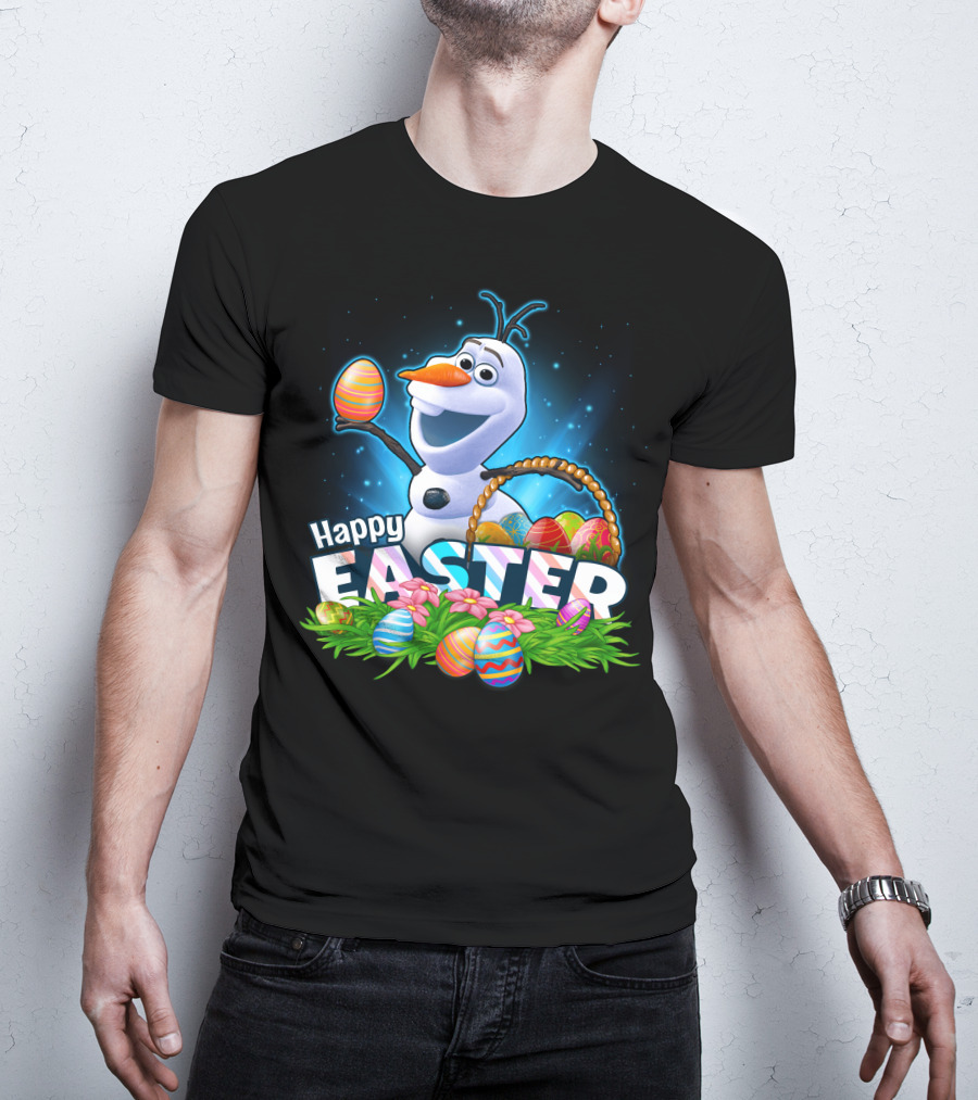 Happy Easter Olaf With Colorful Eggs And Basket T-Shirt