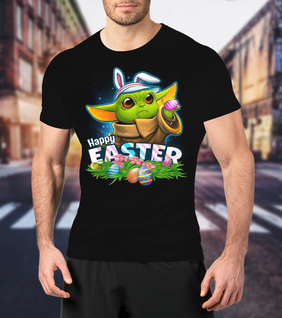 Happy Easter Yoda Baby With Bunny Ears And Colorful Eggs T-Shirt