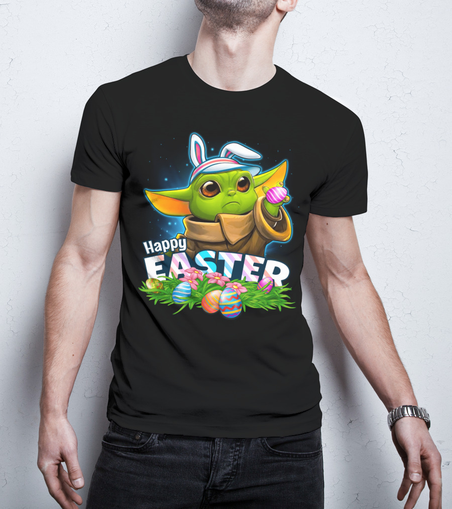 Happy Easter Yoda Baby With Bunny Ears And Colorful Eggs T-Shirt