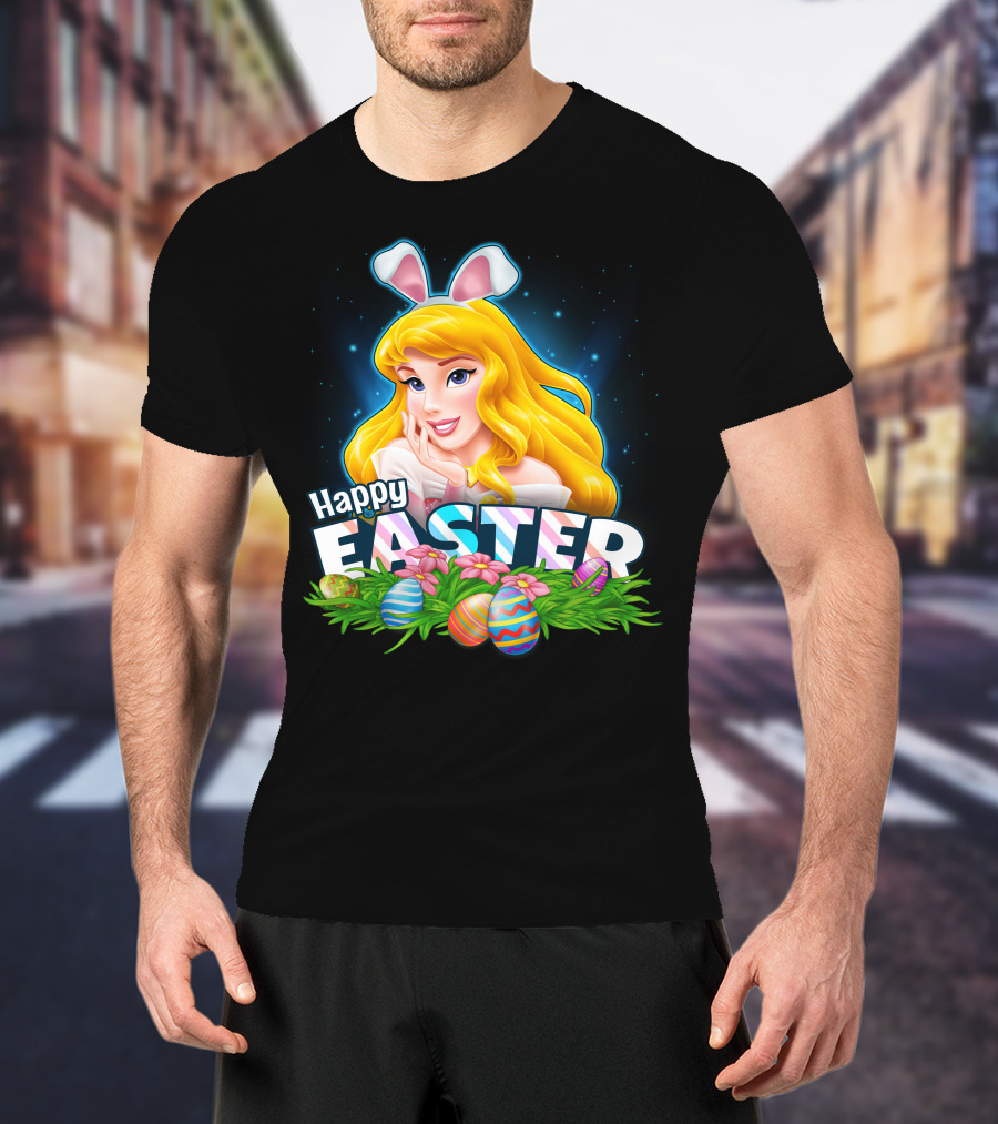 Happy Easter Aurora Bunny Ears With Colorful Eggs And Flowers T-Shirt