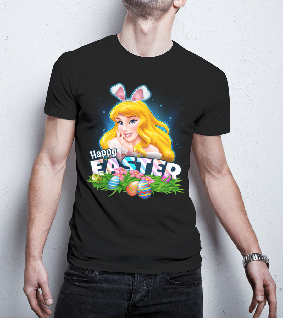 Happy Easter Aurora Bunny Ears With Colorful Eggs And Flowers T-Shirt