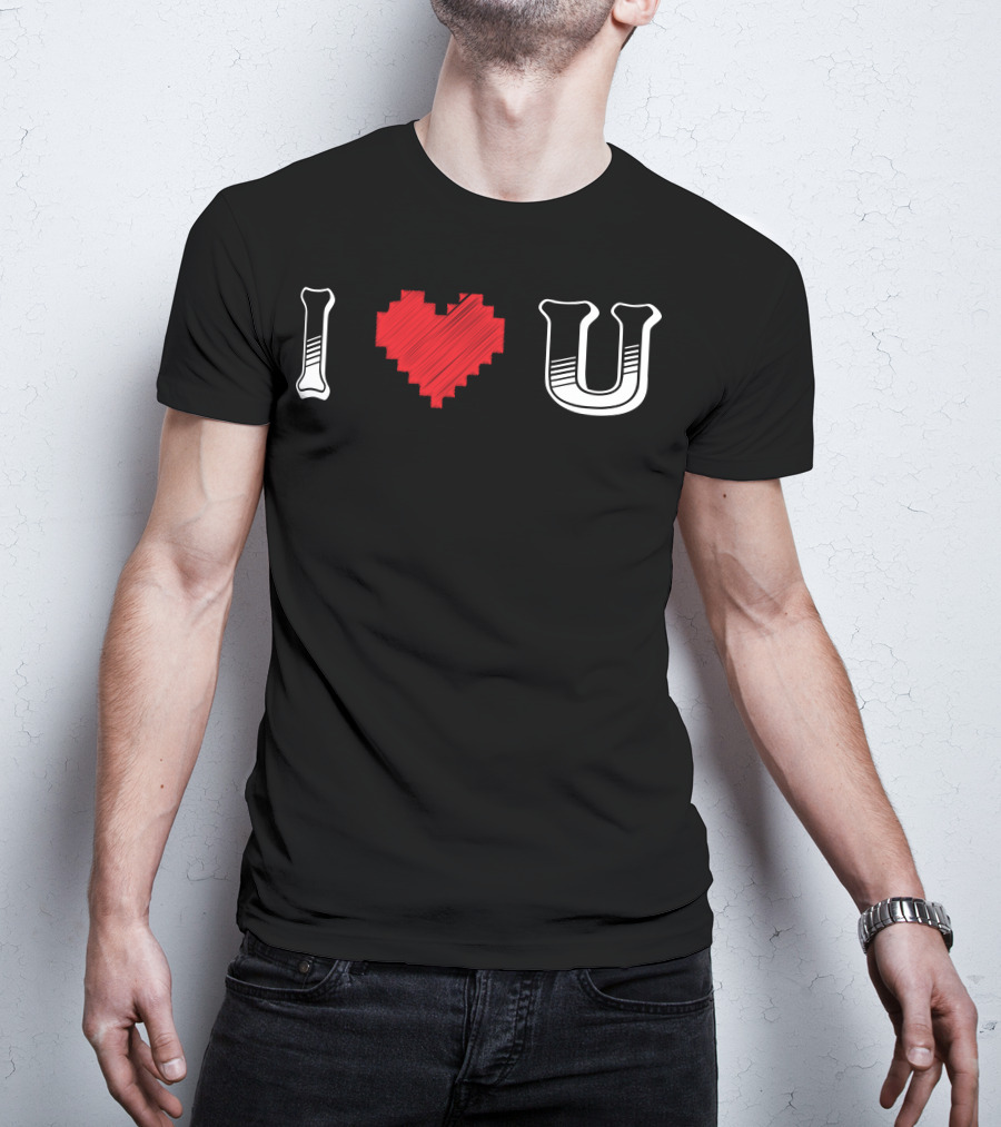 I Heart U Pixel Red Love Text T-Shirt