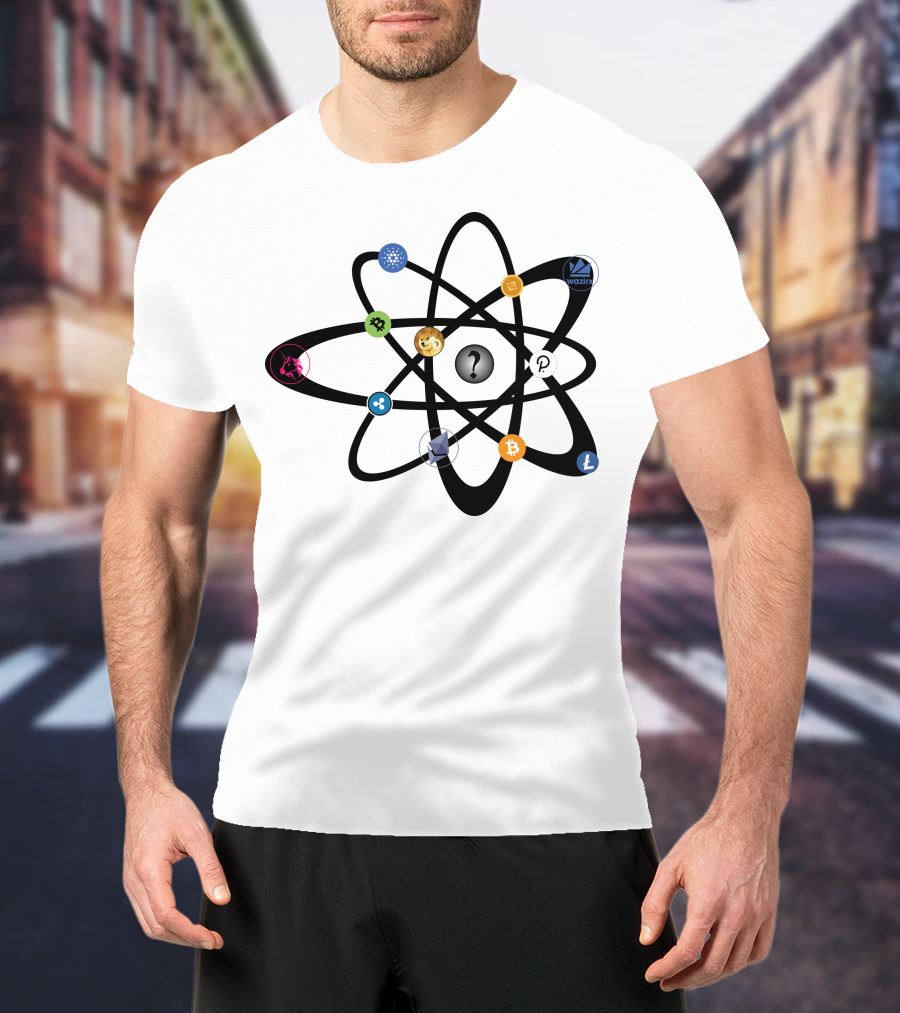 Uniswap Cardano Binance Coin WazirX Polkadot XRP Dogecoin Ethereum Bitcoin Litecoin Cryptocurrency Icons Atom Structure T-Shirt