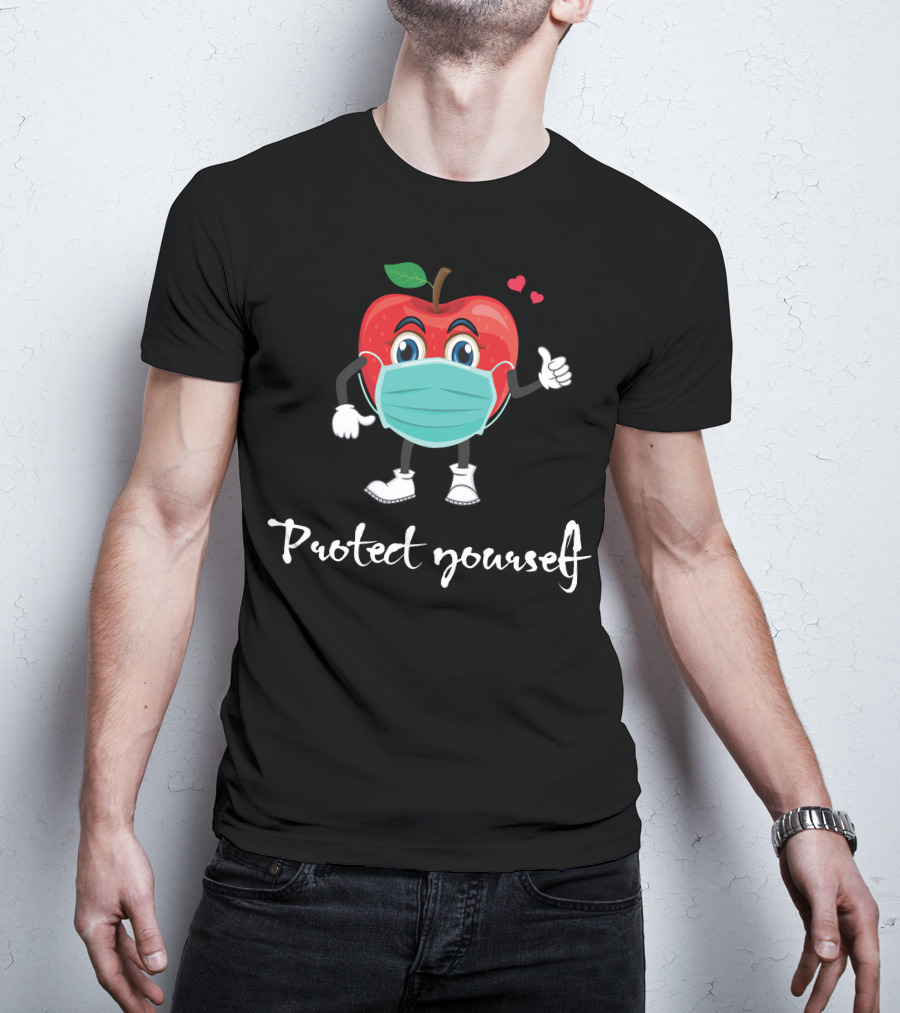 Protect Yourself Masked Apple Cartoon With Hearts T-Shirt