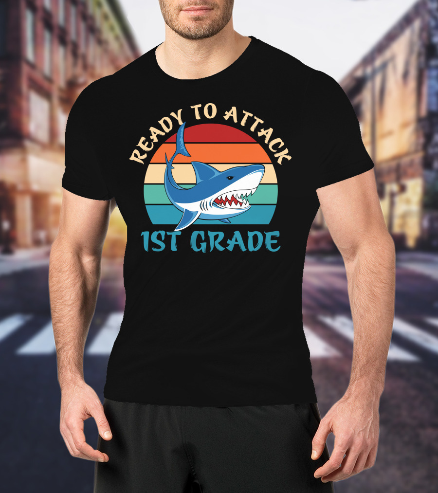 Ready To Attack 1st Grade Shark Retro Stripes T-Shirt
