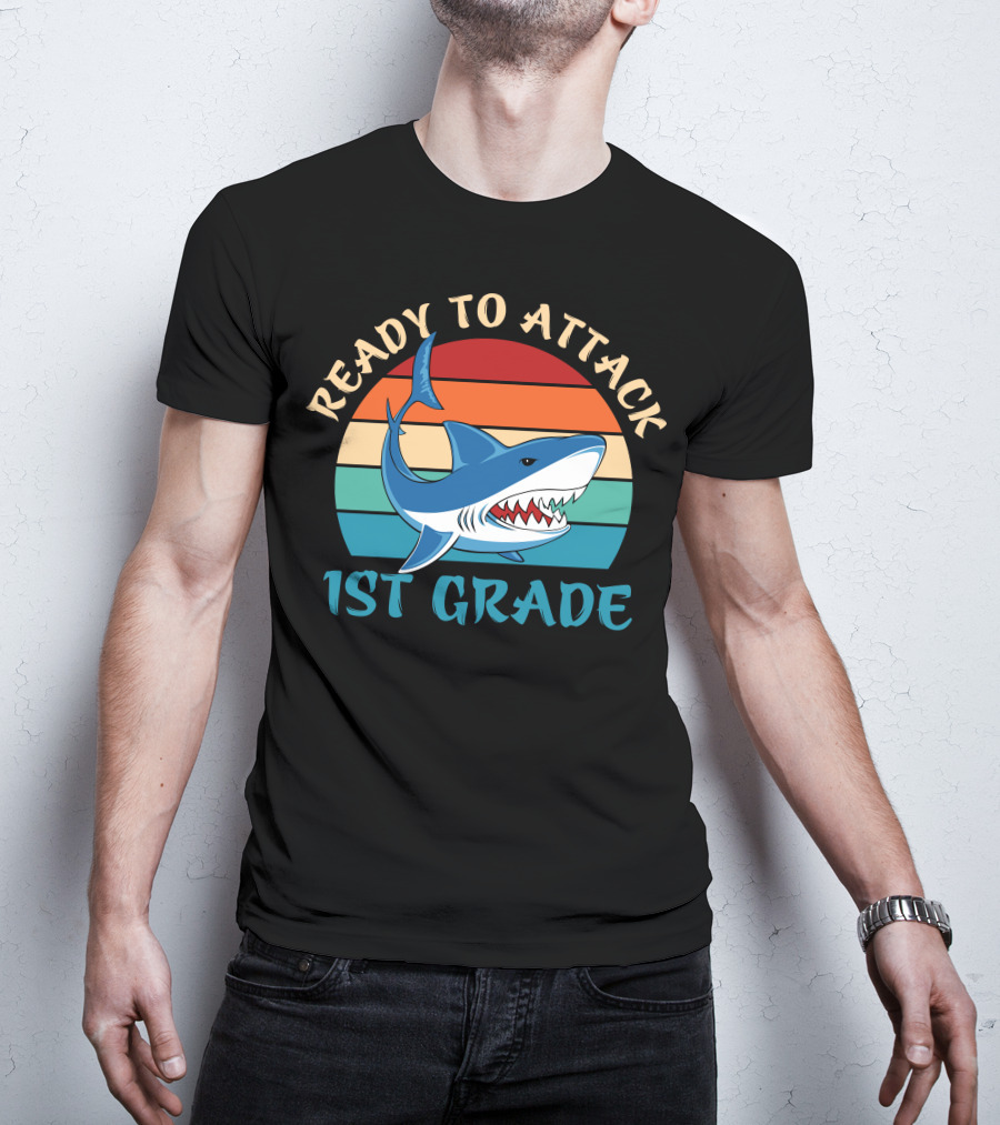 Ready To Attack 1st Grade Shark Retro Stripes T-Shirt