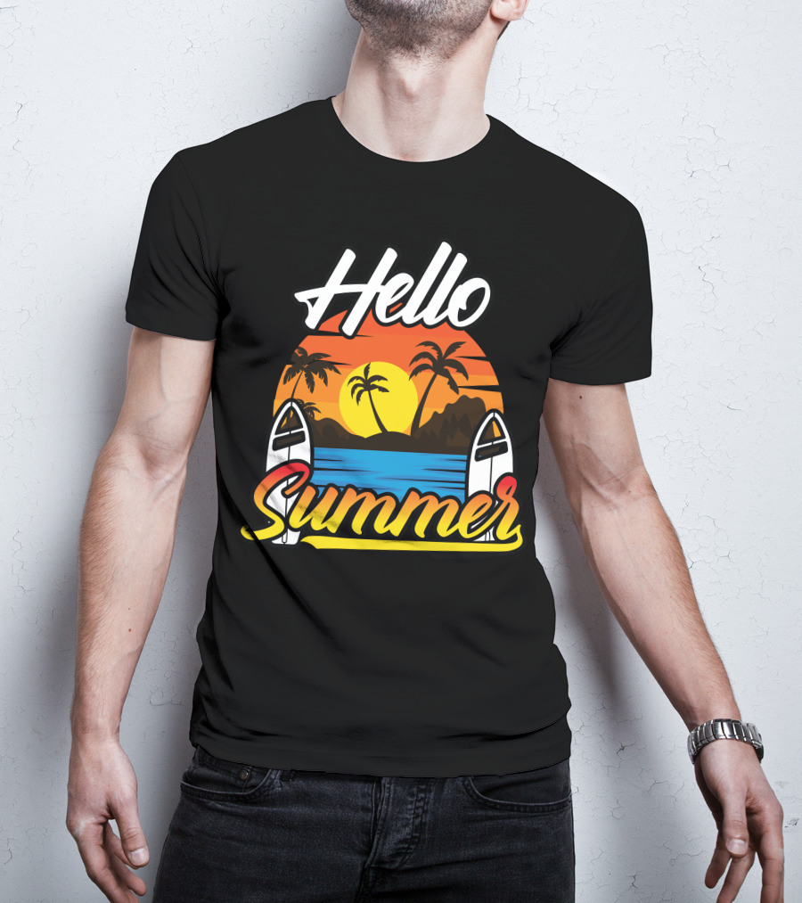 Hello Summer Sunset Surfing Beach Scene T-Shirt
