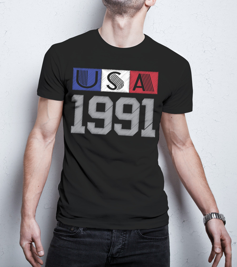 USA 1991 Vintage Graphic Blue White Red Stripes T-Shirt