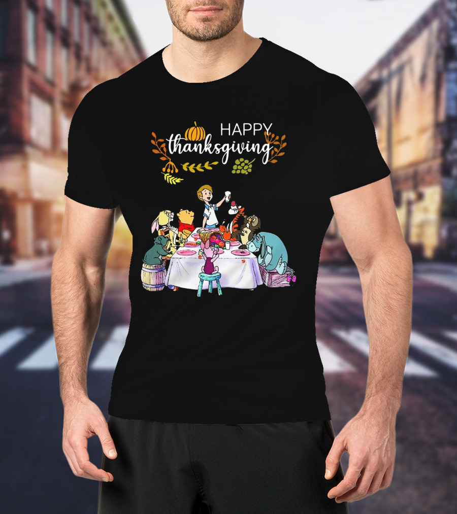 Winnie The Pooh Happy Thanksgiving Celebration With Friends At Dining Table T-Shirt