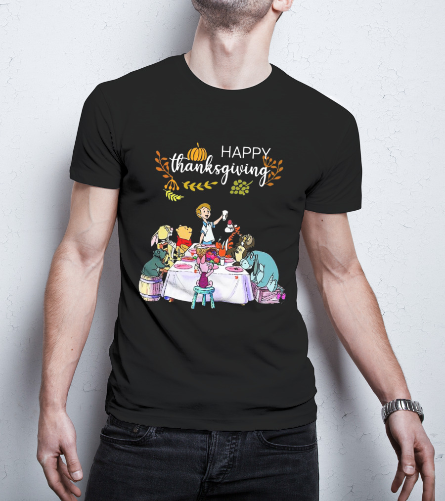 Winnie The Pooh Happy Thanksgiving Celebration With Friends At Dining Table T-Shirt