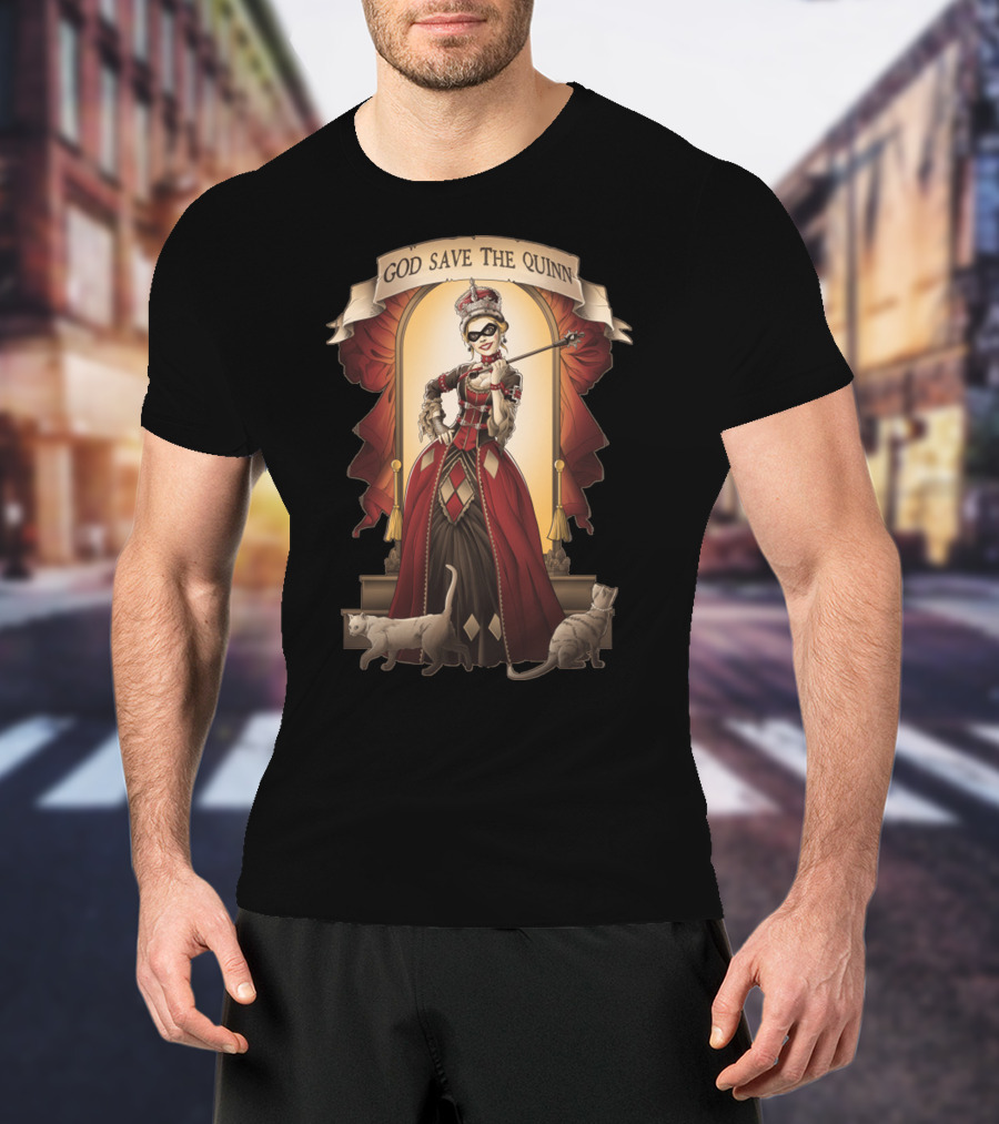 God Save The Quinn Victorian Jester Queen With Cats And Masked Scepter T-Shirt
