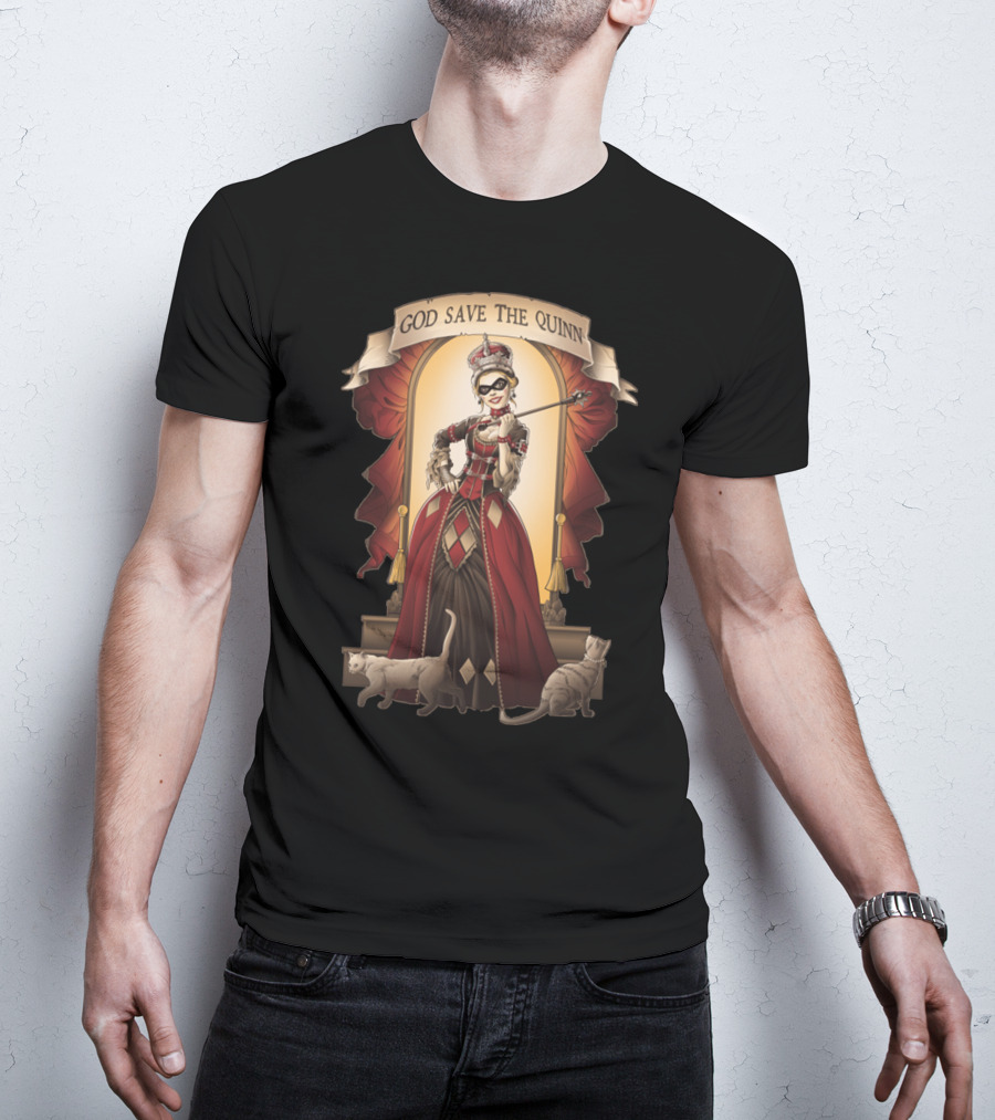 God Save The Quinn Victorian Jester Queen With Cats And Masked Scepter T-Shirt