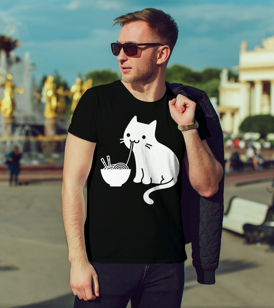 Chat Mignon Manger Ramen Essentiel Blanc Noir T-Shirt