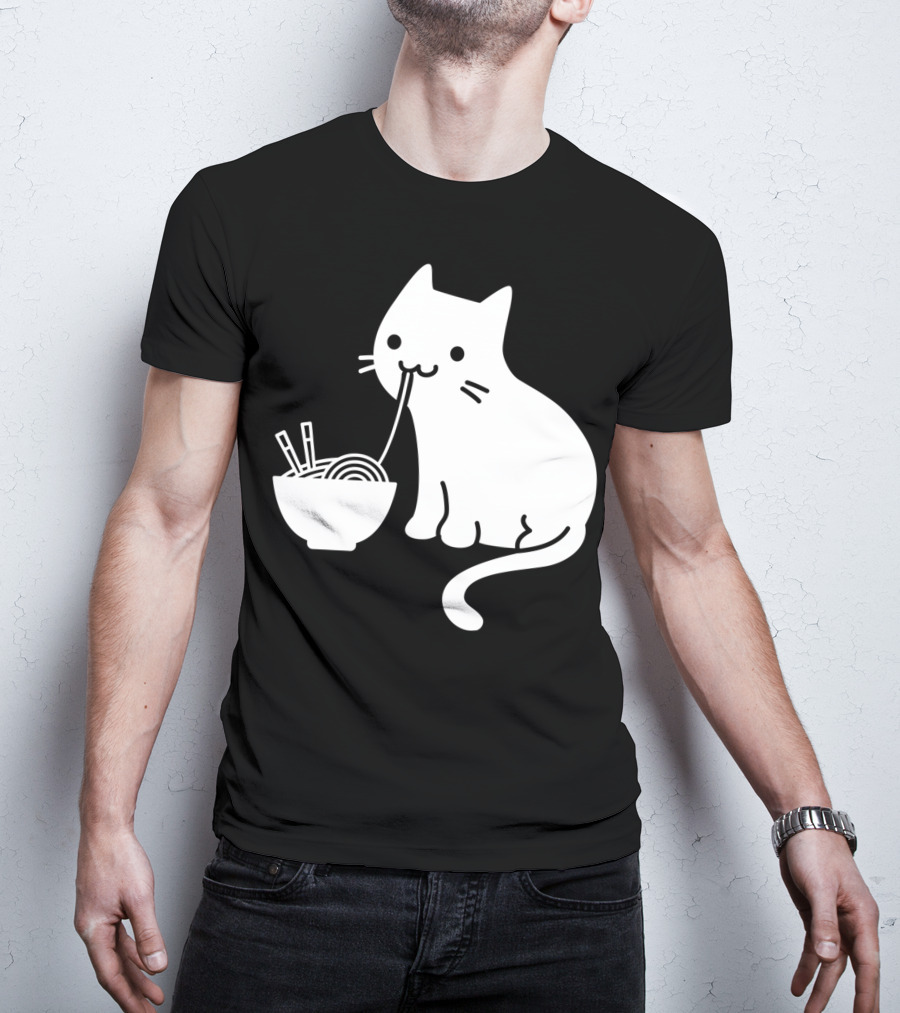 Chat Mignon Manger Ramen Essentiel Blanc Noir T-Shirt