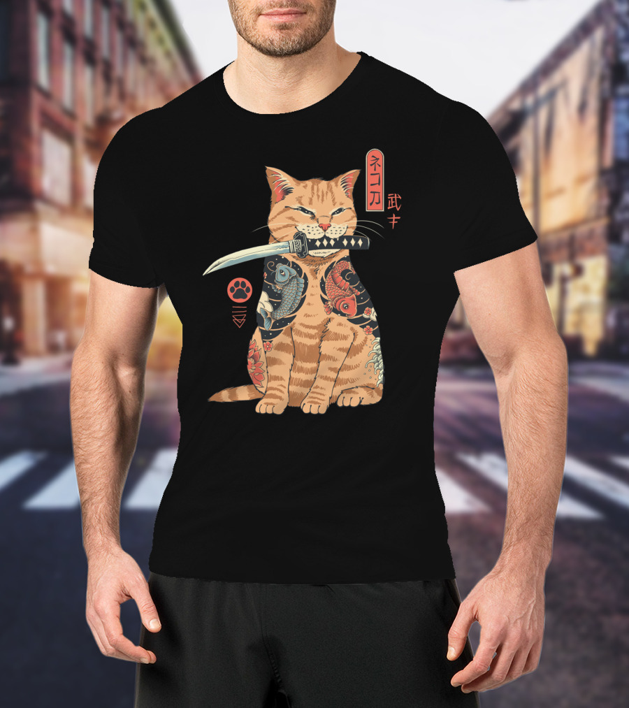 Catana Classique Samurai Cat Kanji Tattoo Koi Fish Katana T-Shirt
