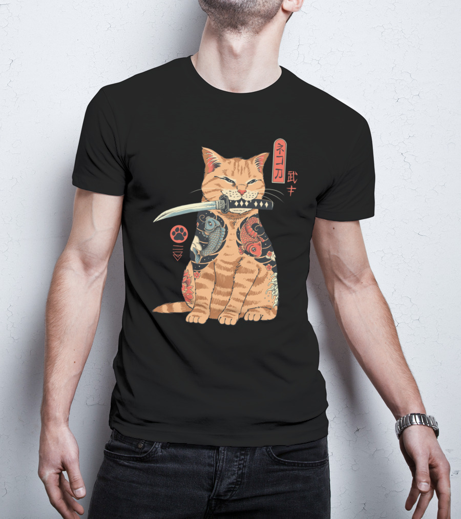 Catana Classique Samurai Cat Kanji Tattoo Koi Fish Katana T-Shirt