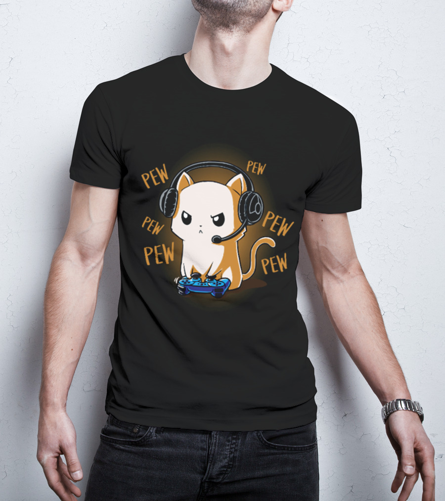Pew Pew Kitty Cat Gamer Kliban Cats Headset Controller T-Shirt
