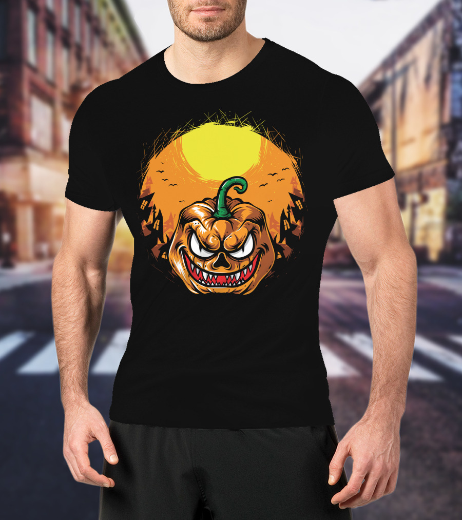 Spooky Grinning Pumpkin With Haunted Houses And Bats Under Full Moon Halloween T-Shirt