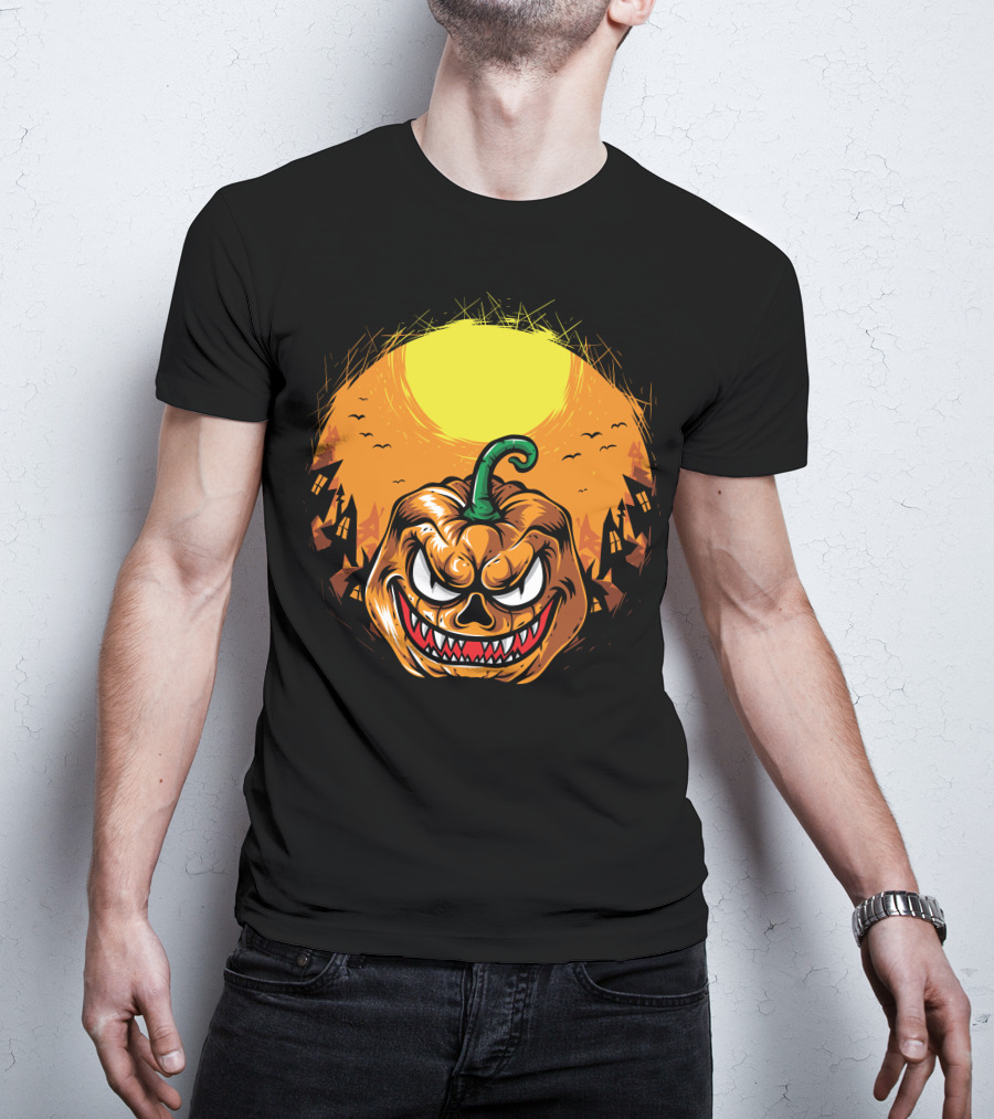 Spooky Grinning Pumpkin With Haunted Houses And Bats Under Full Moon Halloween T-Shirt