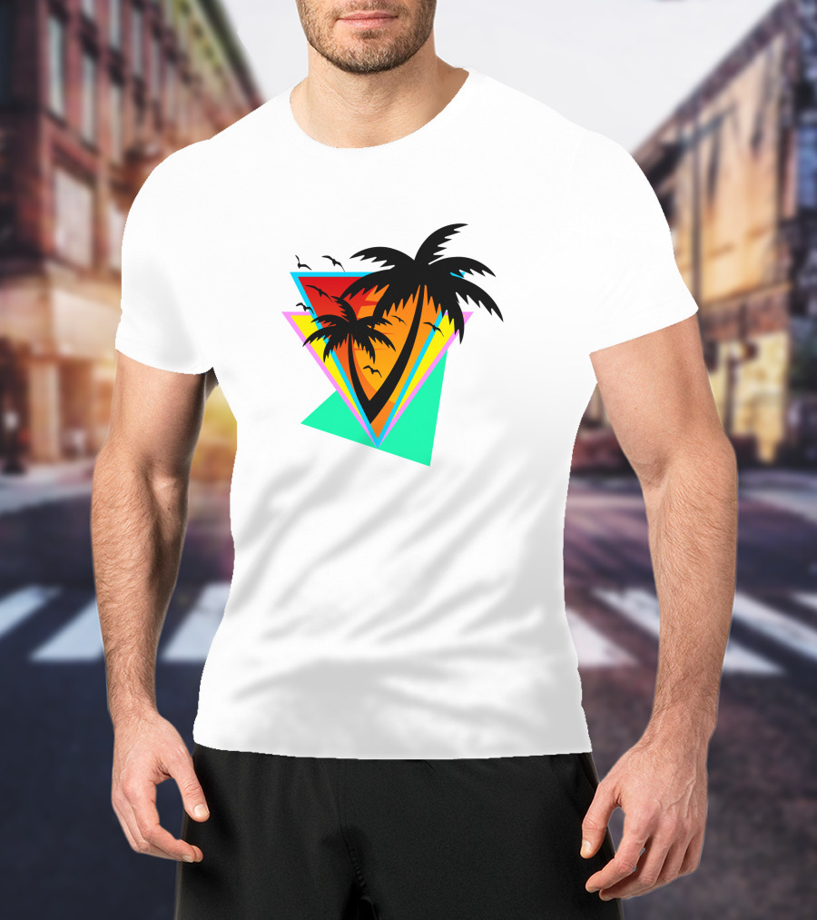 The Sea And You Tropical Palm Sunset With Geometric Triangles And Birds T-Shirt