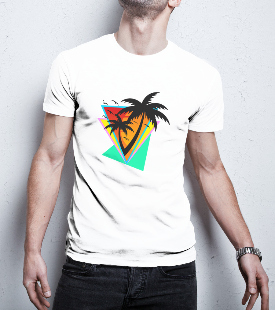 The Sea And You Tropical Palm Sunset With Geometric Triangles And Birds T-Shirt