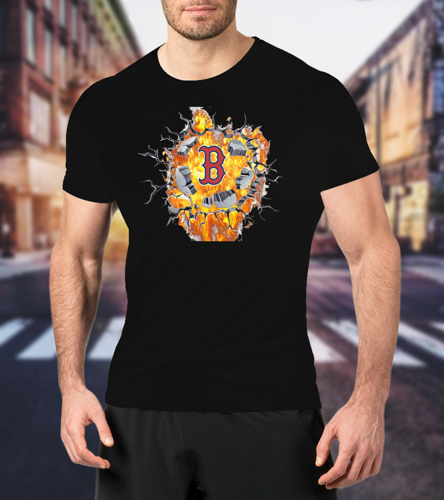 Boston Red Sox B Logo With Cracking Fiery Explosion T-Shirt