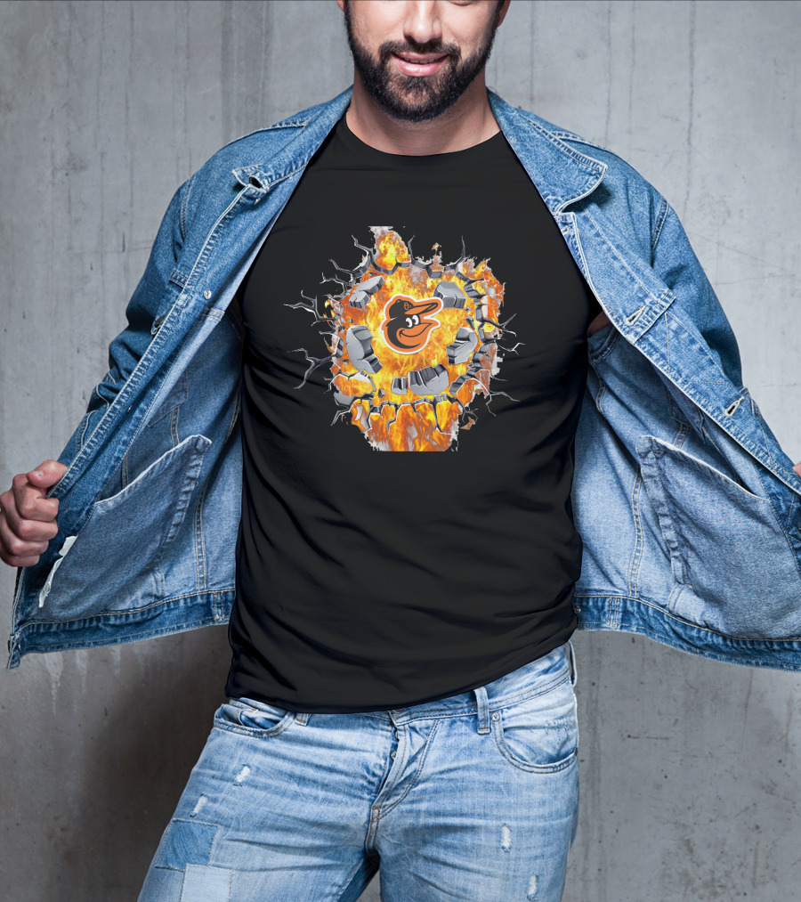 Baltimore Orioles Logo With Fiery Cracked Wall T-Shirt