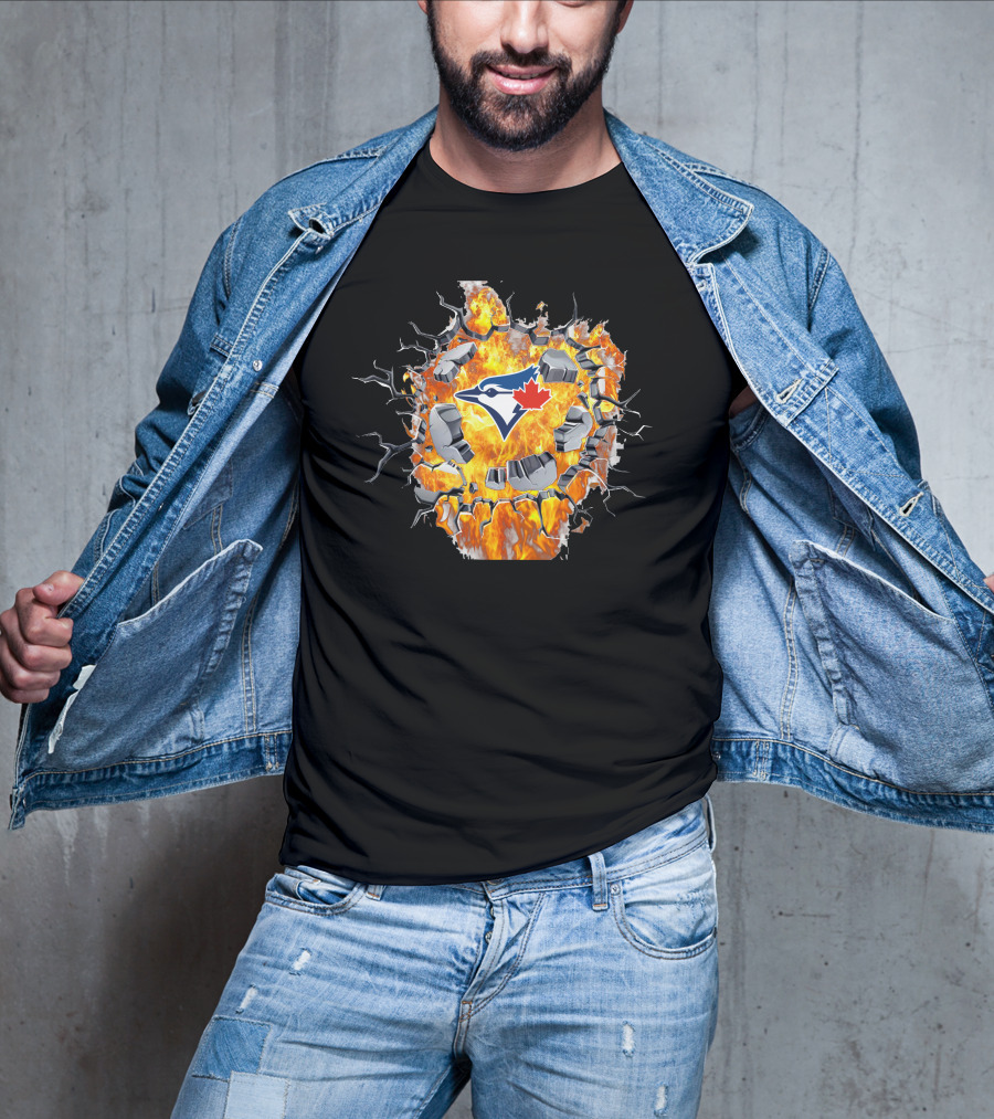Toronto Blue Jays Logo Shattering Through Flames And Cracking Wall T-Shirt