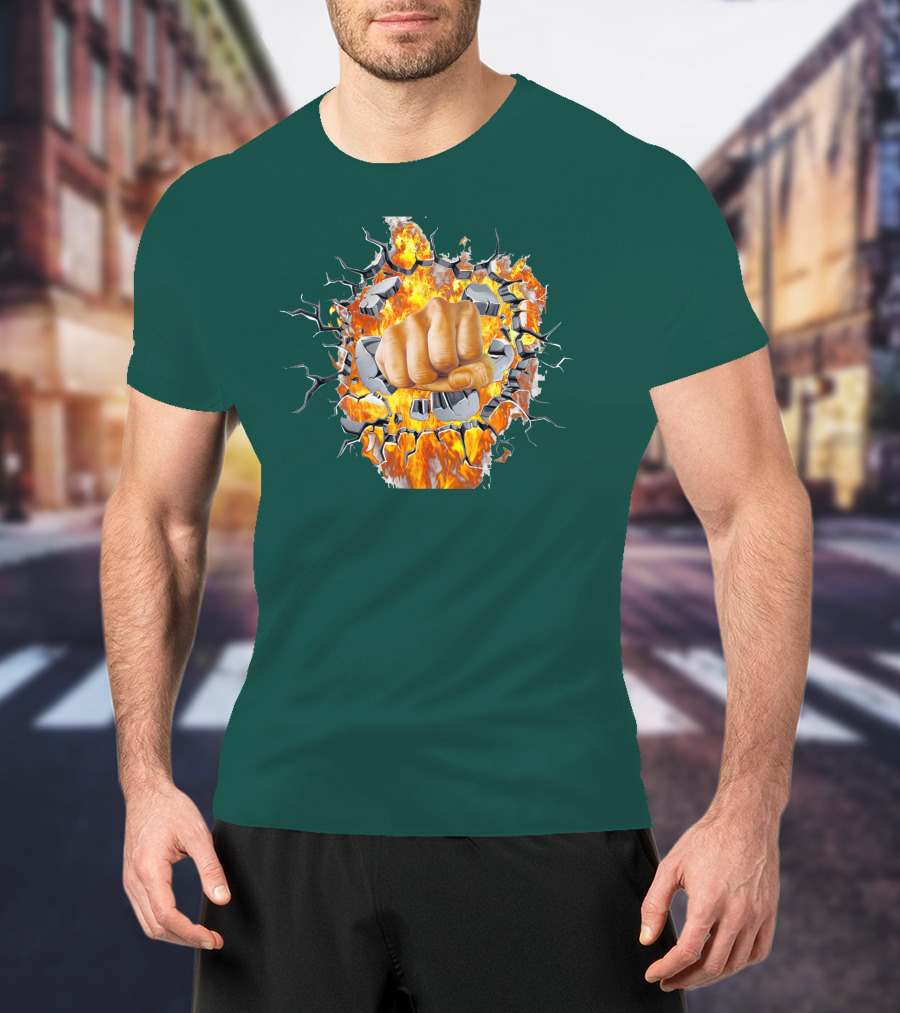 Steel Hands Fist Breaking Through Fiery Wall T-Shirt