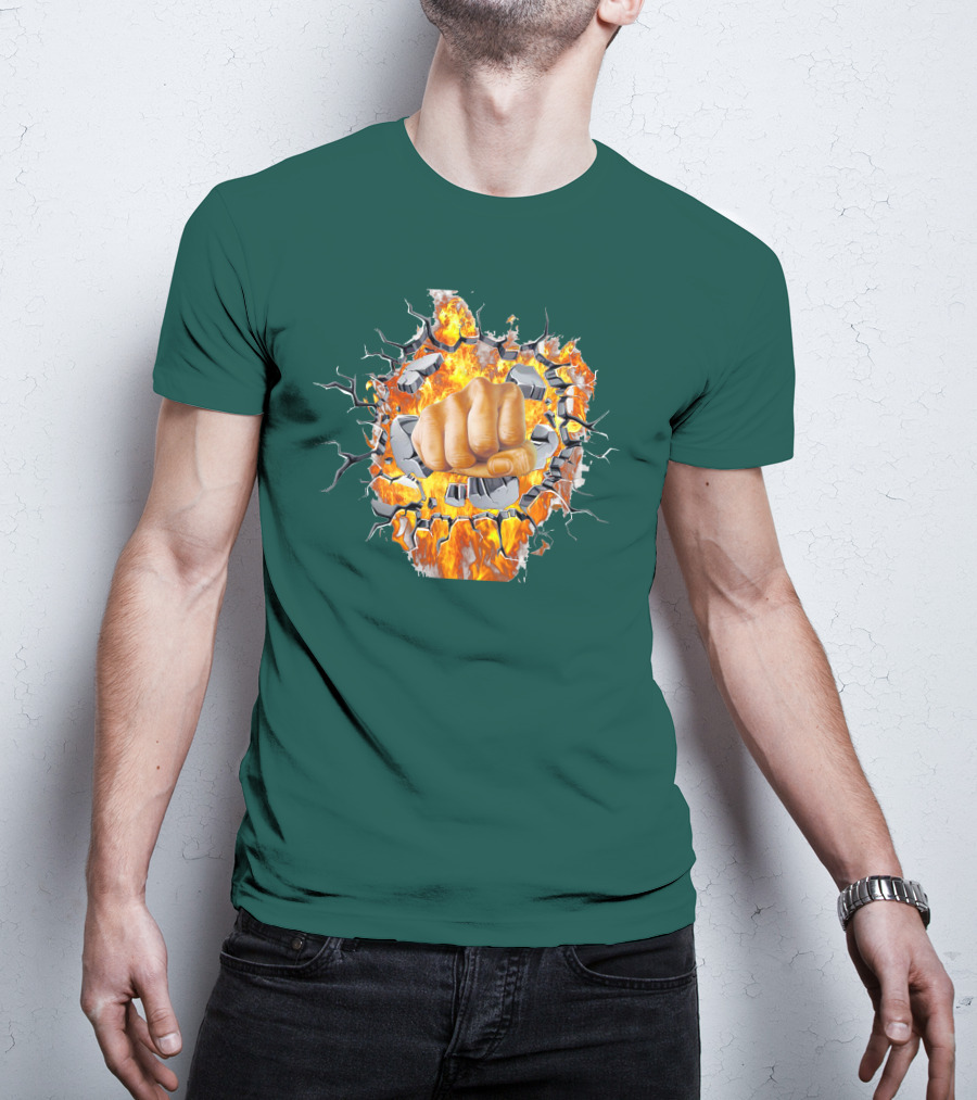 Steel Hands Fist Breaking Through Fiery Wall T-Shirt