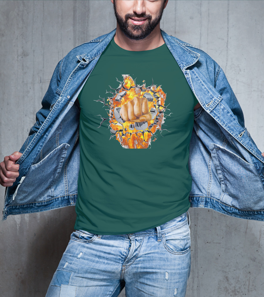 Steel Hands Fist Breaking Through Fiery Wall T-Shirt