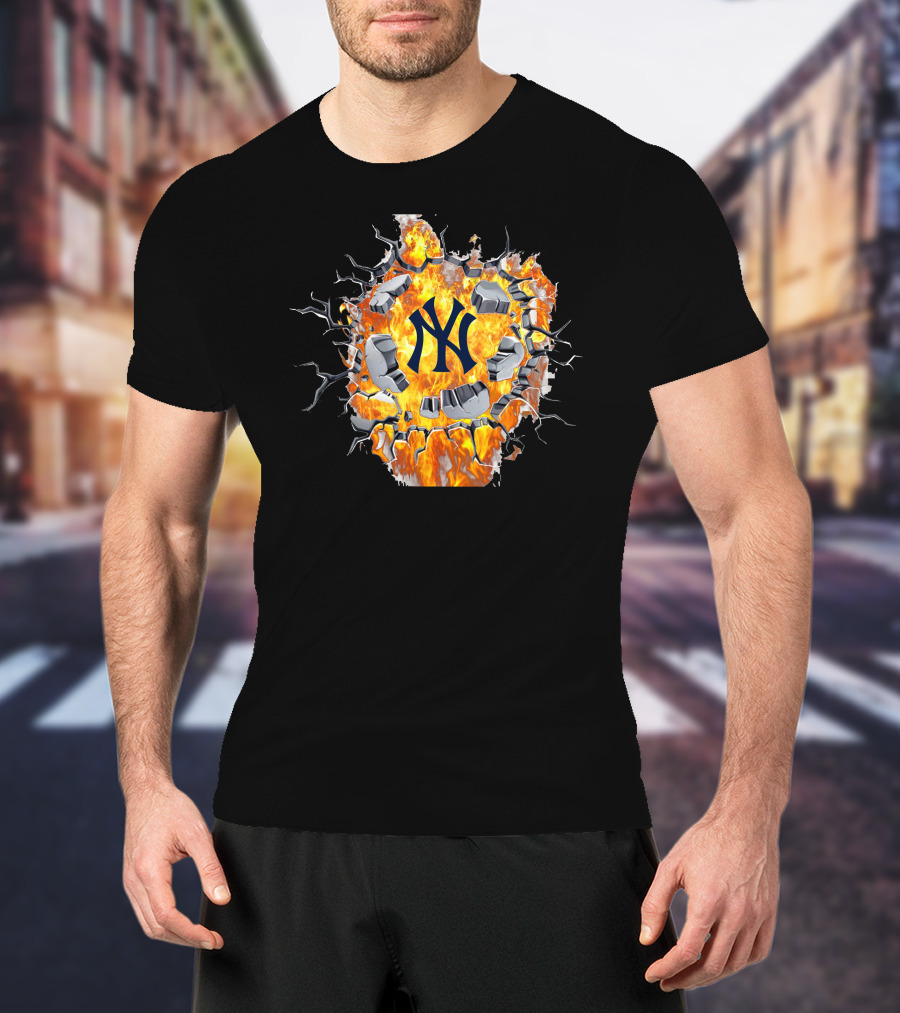 New York Yankees Fiery Logo With Cracked Concrete T-Shirt