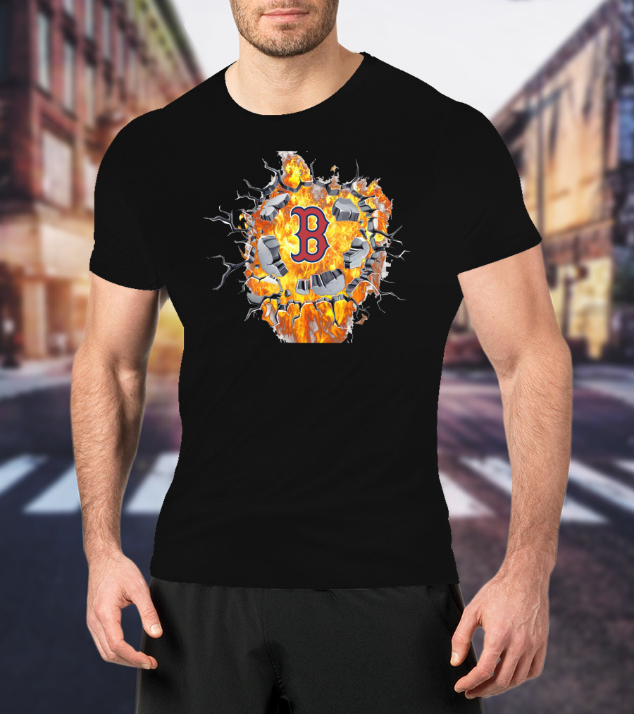 Boston Red Sox Fiery Letter B Cracked Wall Flame T-Shirt