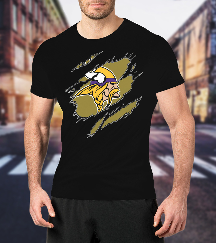 Minnesota Vikings Helmet And Warrior Tear Effect T-Shirt