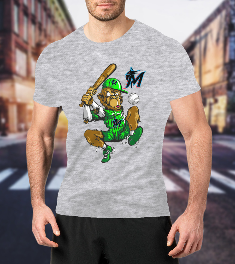 Miami Marlins Monkey Mascot Swinging At Baseball T-Shirt