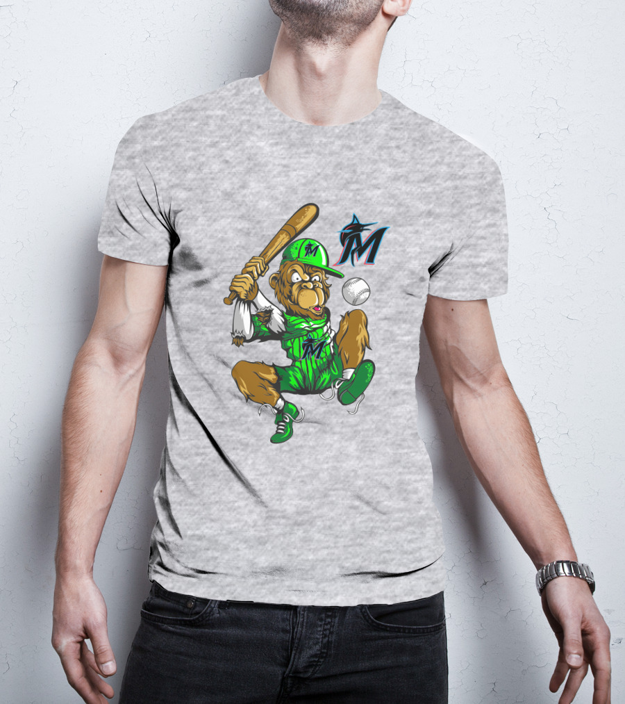Miami Marlins Monkey Mascot Swinging At Baseball T-Shirt