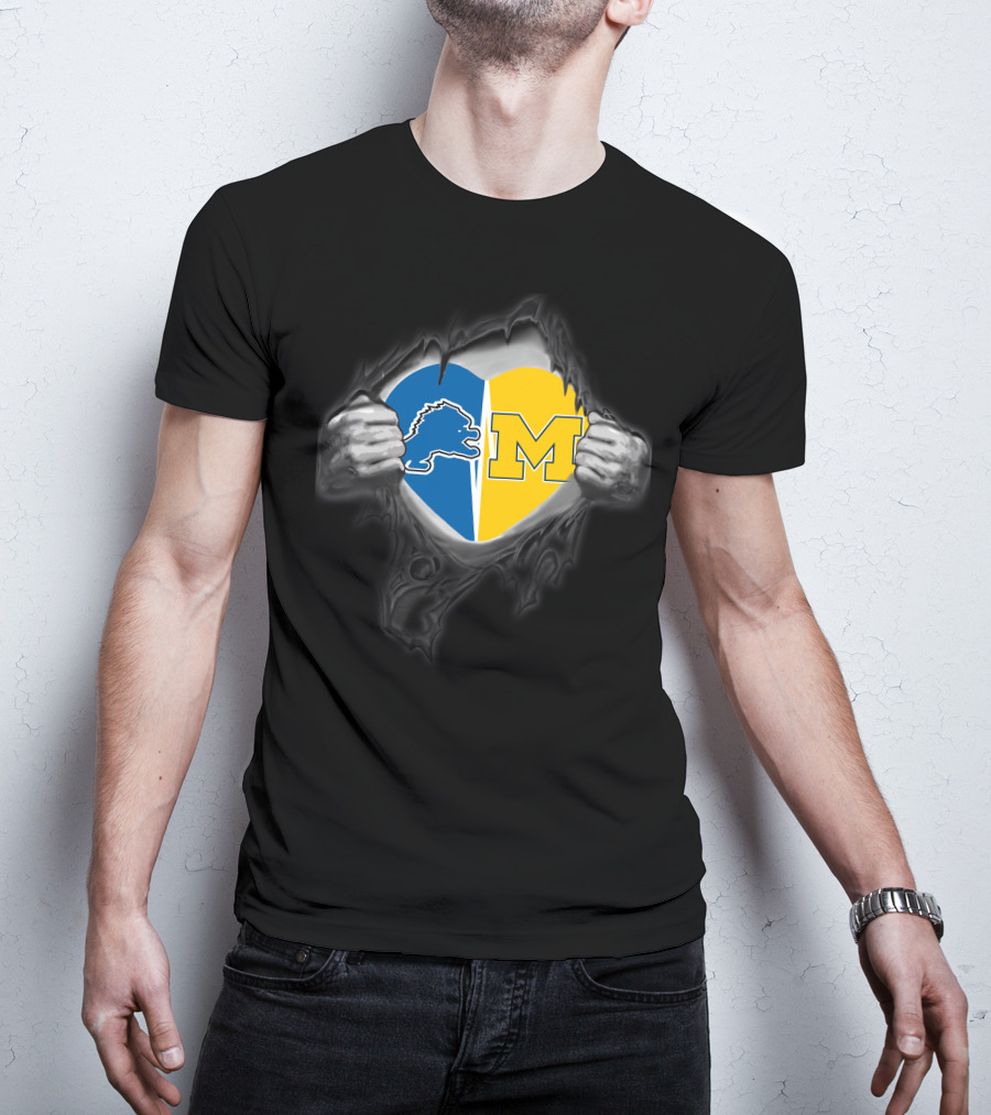 Detroit Lions Michigan Wolverine Heart Fusion T-Shirt