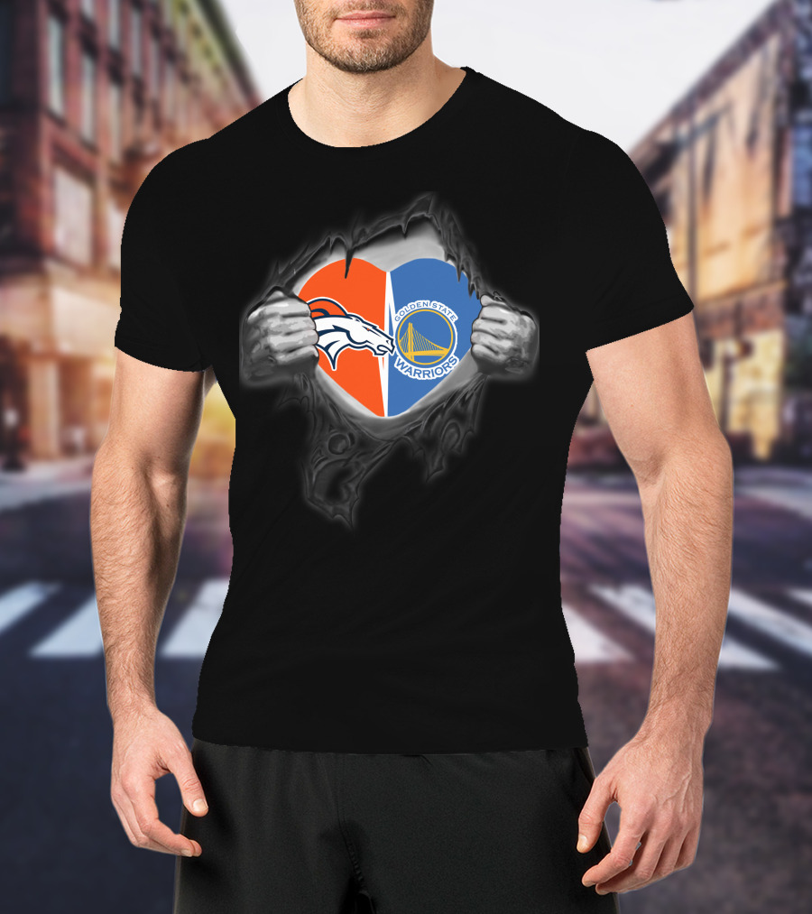 Broncos Warriors Heart With Denver Broncos And Golden State Warriors T-Shirt
