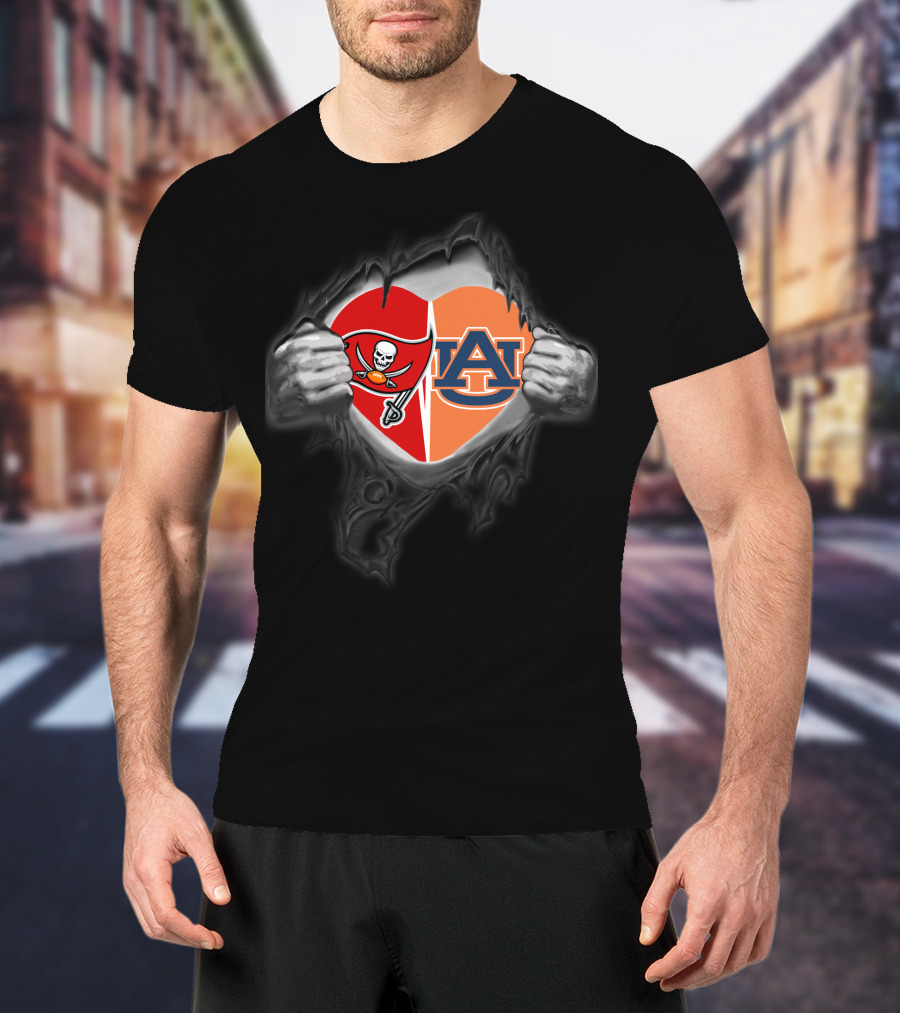 Tampa Bay Buccaneers Auburn Tigers Heart Emblem Peeling Back Layers T-Shirt