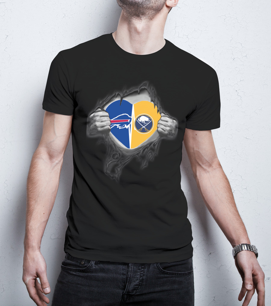 Buffalo Bills Sabres Dual Heart Symbol With Team Logos T-Shirt