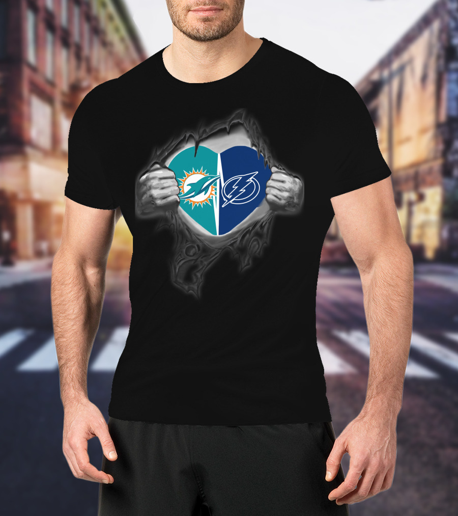 Miami Dolphins Tampa Bay Lightning Heart Unity T-Shirt