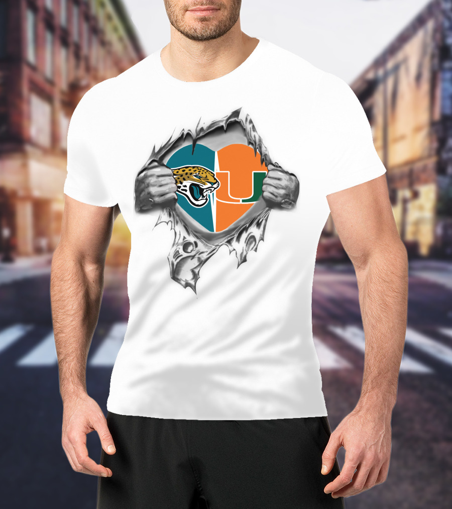 Jaguars Miami Hurricanes Heart Symbol Ripping T-Shirt
