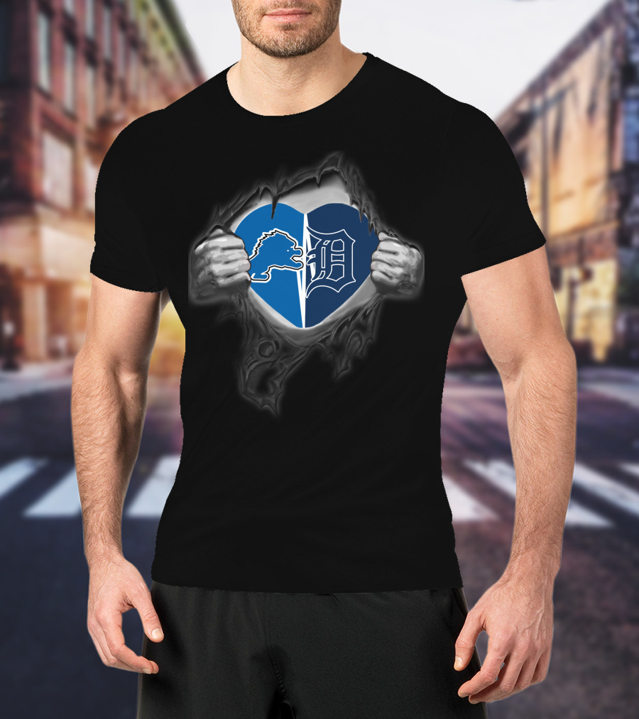 Lions Tigers Heart Logo Design Showcasing Detroit Teams Passion T-Shirt