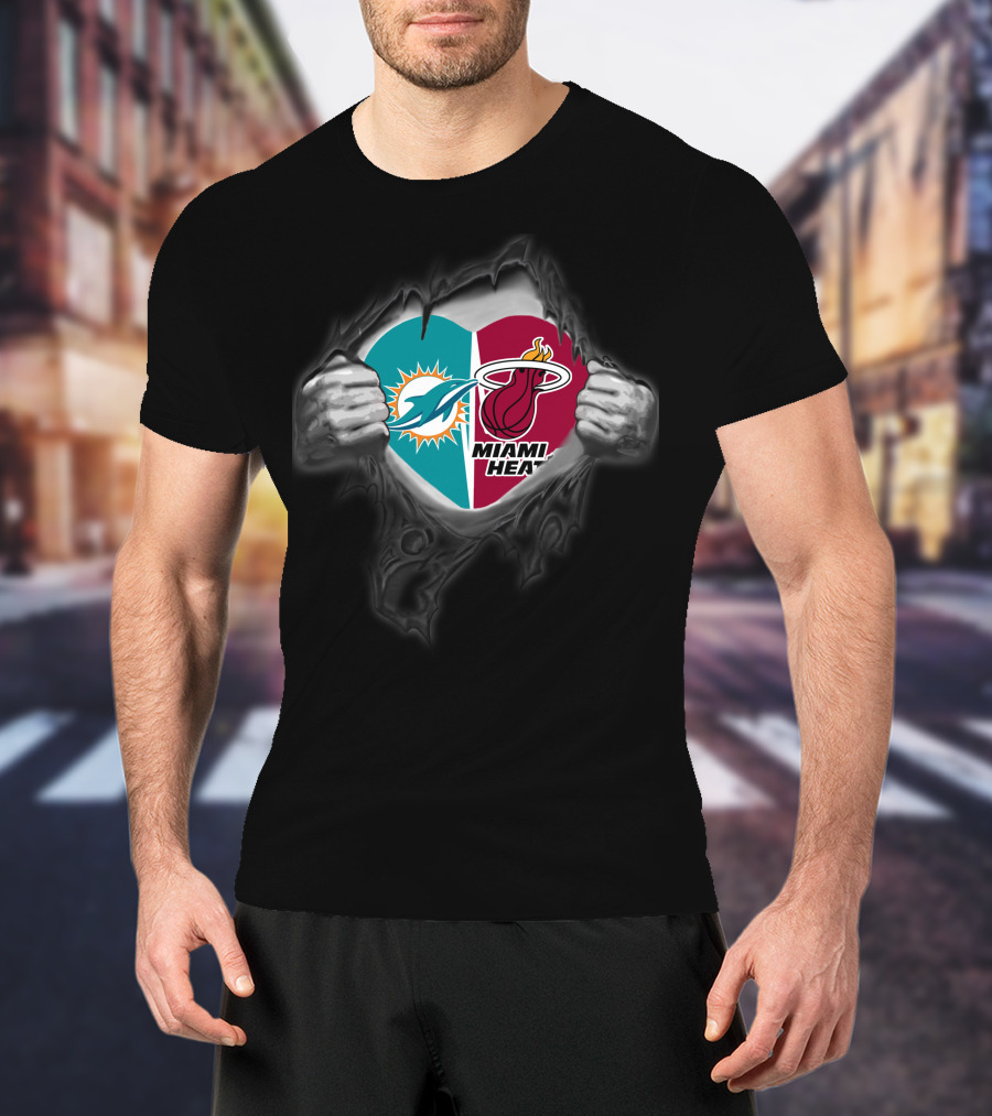 Miami Dolphins Miami Heat Heart Logo Fusion T-Shirt