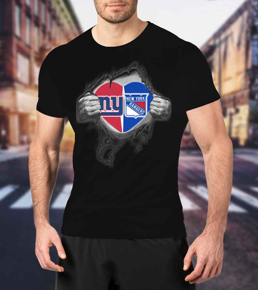 New York Giants Ny And New York Rangers Heart Torn Fabric T-Shirt
