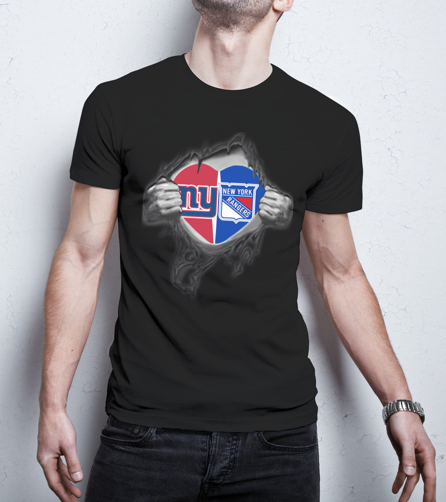 New York Giants Ny And New York Rangers Heart Torn Fabric T-Shirt